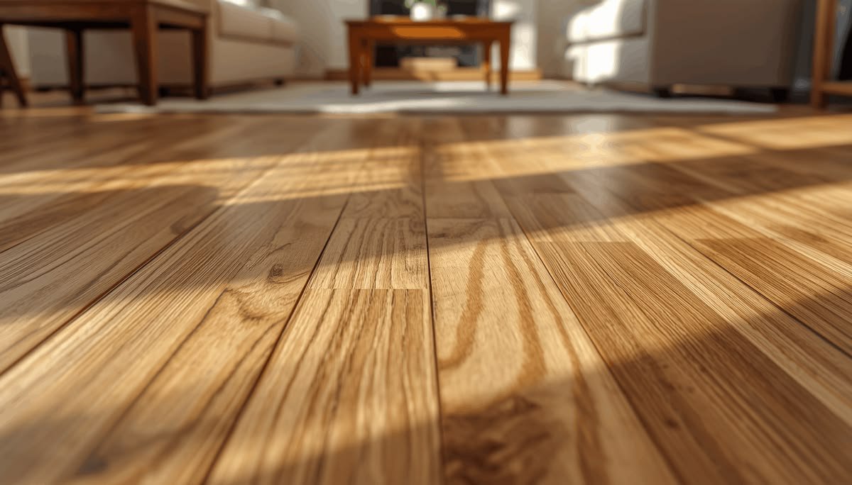 Low-angle shot of a polished wooden floor in a sunlit living room, with sofas and a coffee table in the background.