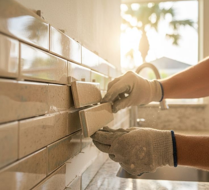 Person wearing gloves places rectangular tiles on a wall during kitchen tiling, creating a tiled backsplash.